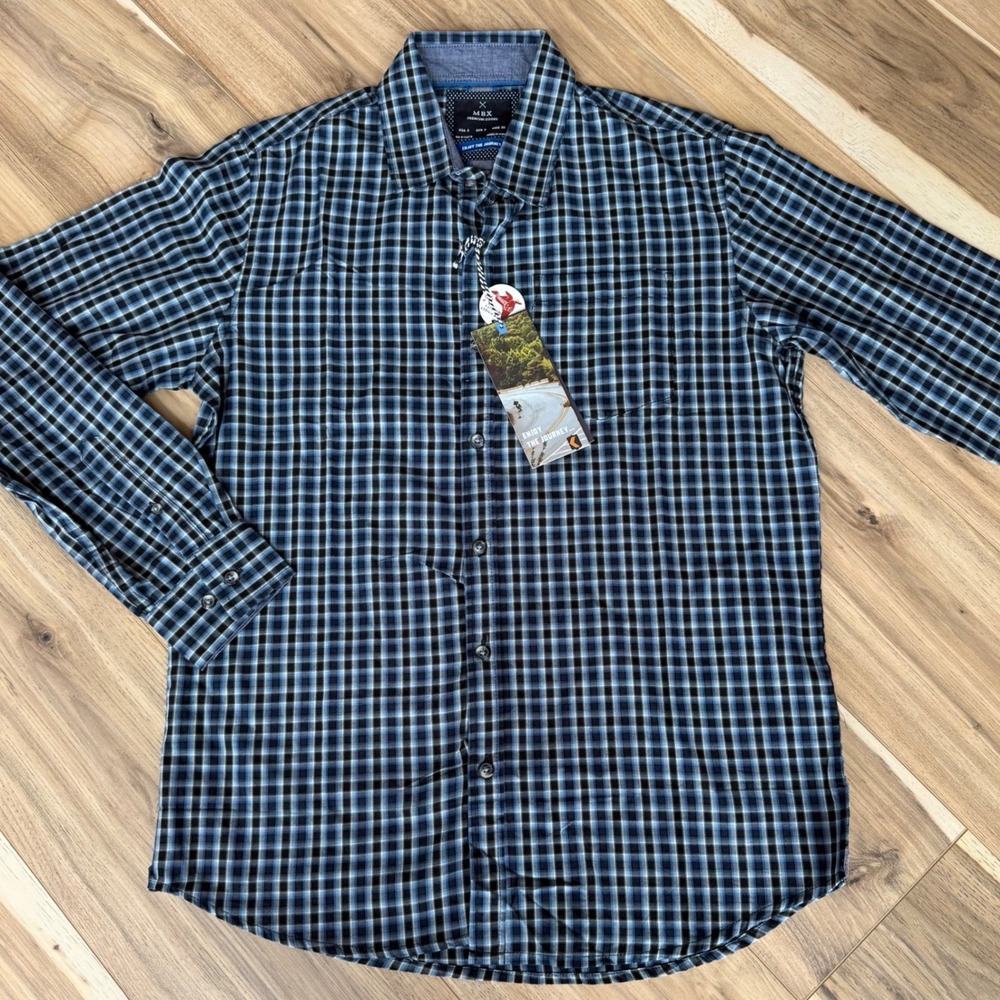 MBX Premium Goods Mens Blue Plaid Long Sleeve Button Down‎ Shirt Size S